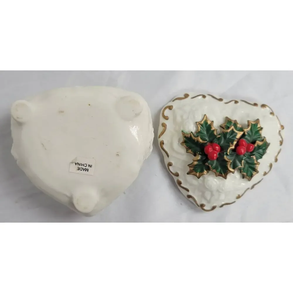 Vintage Porcelain Christmas Holly Berry Heart Ceramic Jewelry Box